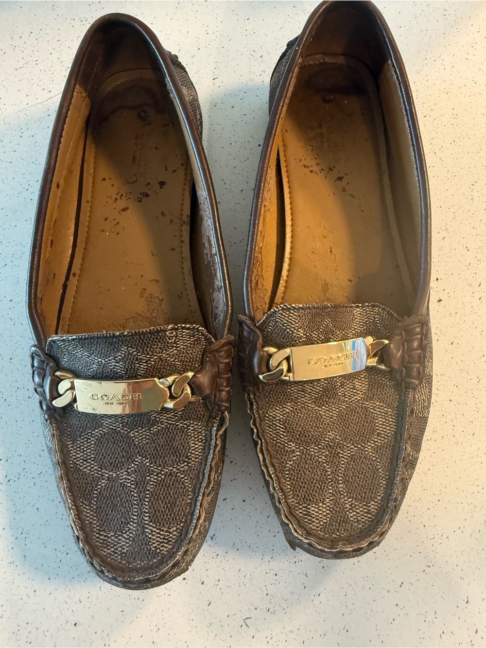 Coach Brown Signature Canvas Slip-On Loafers with Gold Hardware